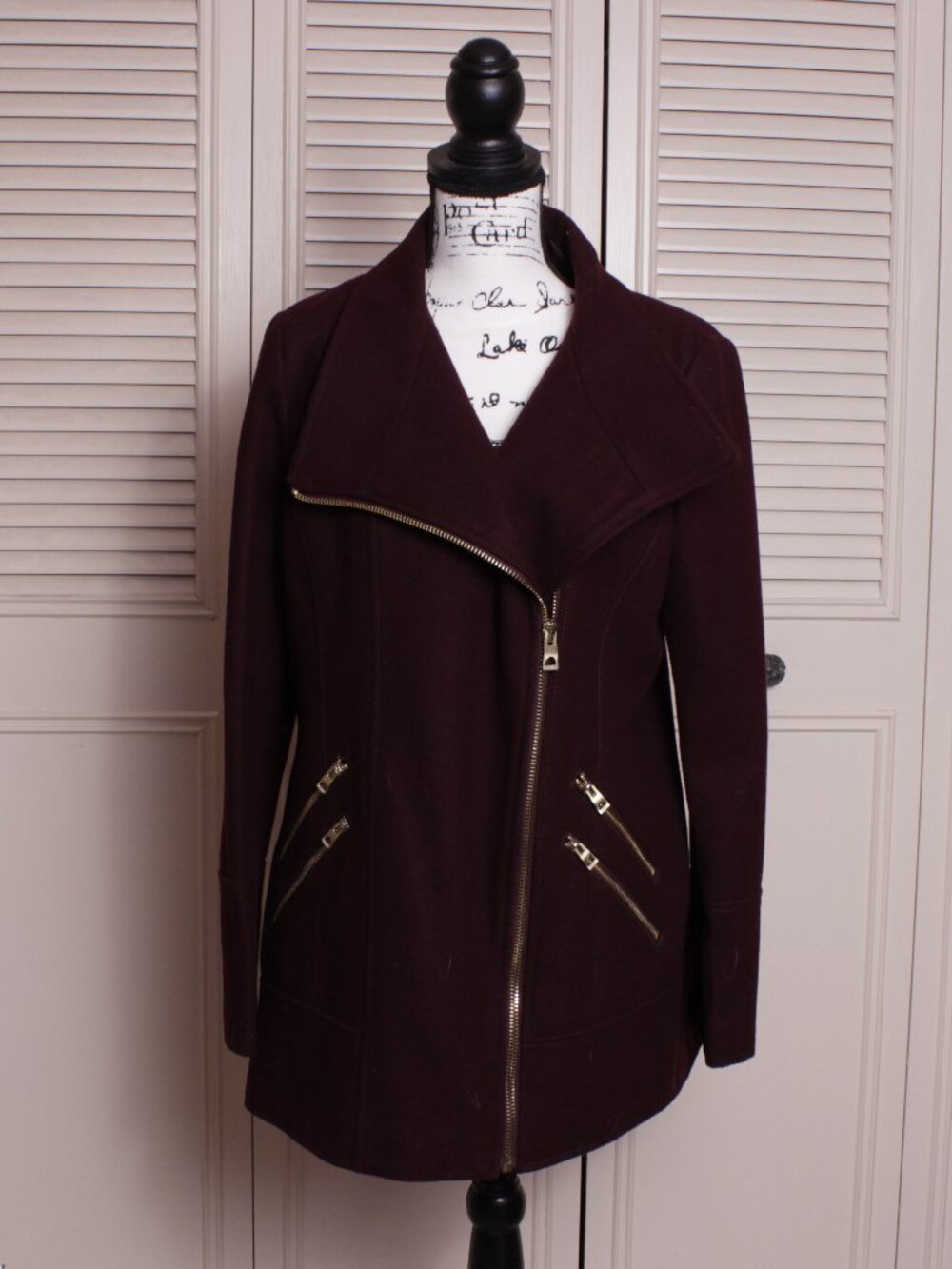 Guess Wool Blend Coat Women Sz L Burgundy Asym Zip Fit Flare Moto Jacket Lined